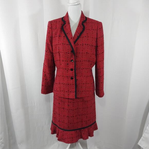 LE SUIT! TWEEDY RED, BLACK, WHITE PLAID RUFFLED SKIRT 2 PC SUIT SET! SZ 14P - Picture 2 of 12